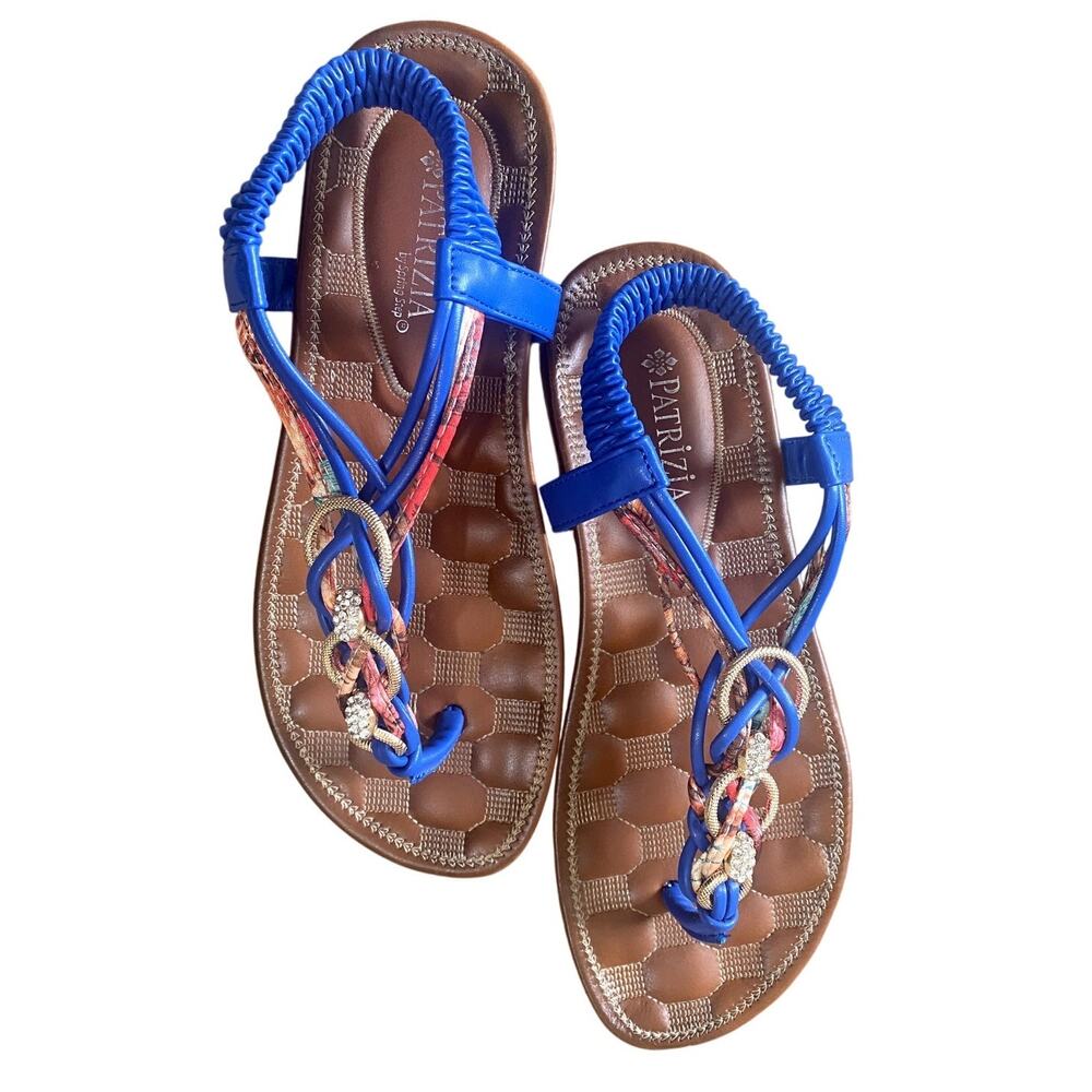 Patrizia Gadelina Blue Sandals Women's Size 7.5 T-Strap Boho Slip-On Spring Step